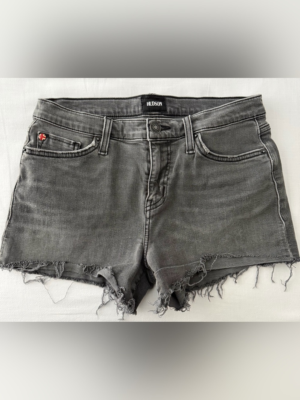 Hudson Gray Washed Denim Cutoff Shorts with Frayed Hem
